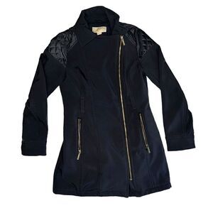 Michael Kors Parka Rain Coat Women's Size S Black Quilted Shoulder Full Side Zip